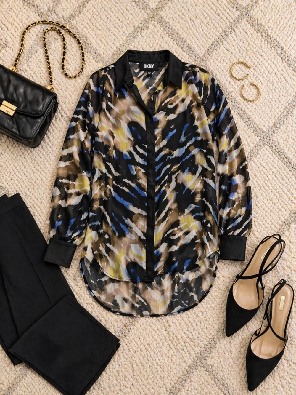 DKNY Crinkled Chiffon Abstract Tiger Blouse Large NWT Sheer Tunic Top